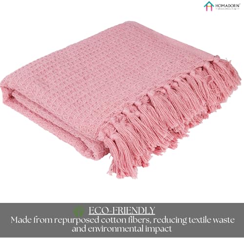 Image of HOMADORN Waffle Weave Cotton Throw Blanket - Lightweight, Breathable & Cozy for Sofa or Bed (100% Cotton)(50X60 Inches) Pink