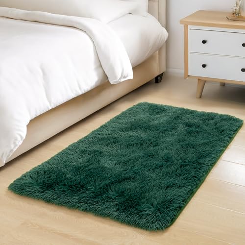 Zentavio Bedside Rugs Small 2x3 Shag Entry Entrance Rugs Soft Bedroom Carpet Area Rugs for Dorm College Essentials Non-Slip Living Room Throw Rug Home Decor Aesthetic Nursery Emerald Green