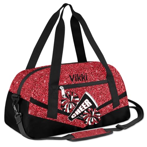 Custom Name Kids Duffel Bags for Girls Personalized Dance Gym Bag Customized Overnight Duffel Bag for Weekender Red Glitter Cheer3