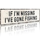 Funnysign “If I’m Missing I’ve Gone Fishing” Vintage Tin Sign – Rustic Metal Wall Decor for Fishing Room, Man Cave, Cabin or Garage, 4×16 Inch (9832)