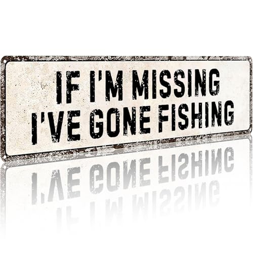 Funnysign “If I’m Missing I’ve Gone Fishing” Vintage Tin Sign – Rustic Metal Wall Decor for Fishing Room, Man Cave, Cabin or Garage, 4×16 Inch (9832)