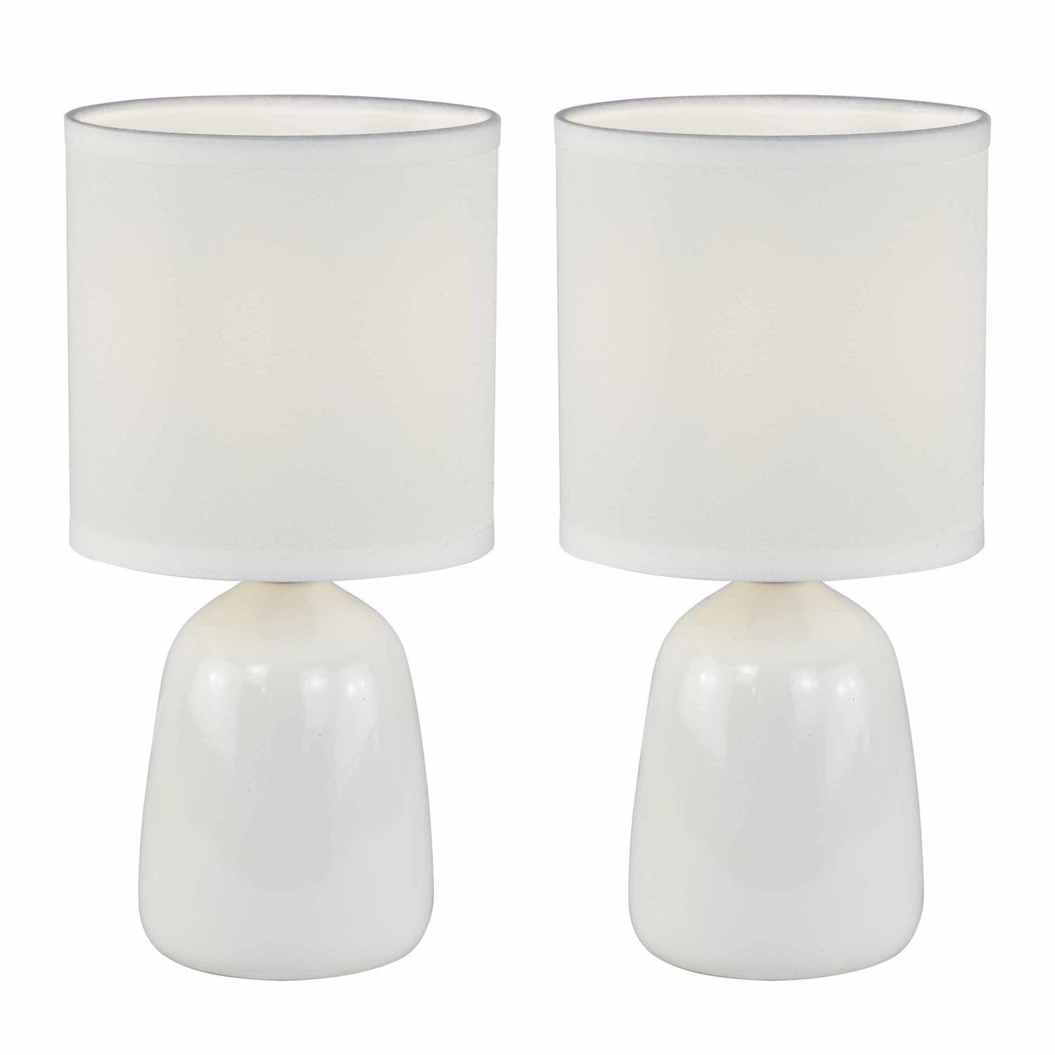 Firstchoicelighting White Set Of 2 Ceramic 26Cm Table Lamps Or Bedside Lights With Matching Fabric Shades, Led Compatible
