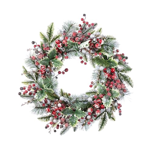 Glitzhome Christmas Wreath for Front Door 24 Inch Artificial Red Pomegranate Berry & Holy Leaf Holiday Hanging Decor with White Silver Baubles, Indoor Outdoor Display for Porch, Wall, Mantle by Glitzhome - Used condition - US$17.30