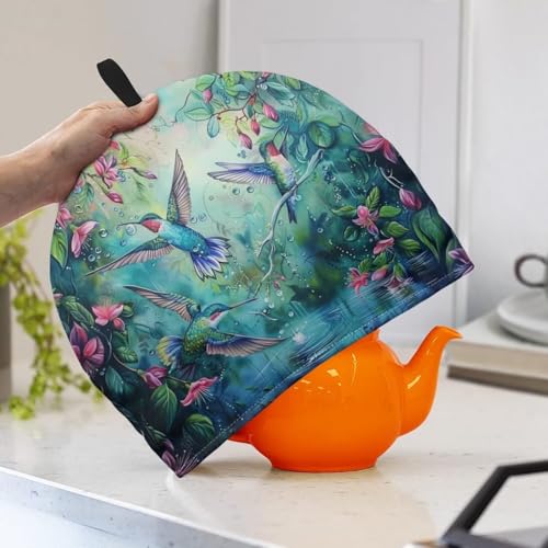 Image of Tea Pot Cozy Hummingbird Flowers Insulated Cup Sleeve Teapot Cover for Breakfast Teapot Kettle Warmer Dust Cover Home Decoration