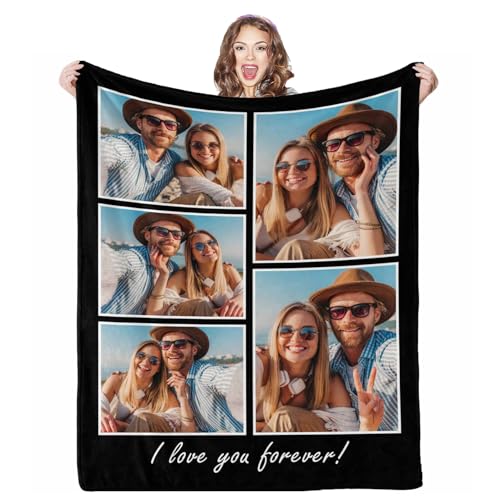 AOFUN Personalized Picture Collage Blanket, 5 Photos Custom Blanket Personalized Photo Blanket Customized Couple Gifts for Girlfriend Boyfriend Wife Husband, 8 Sizes