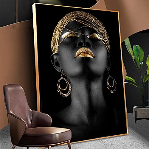 Tableau femme africaine portrait doré impression sur toile de qualité supérieure 70x100