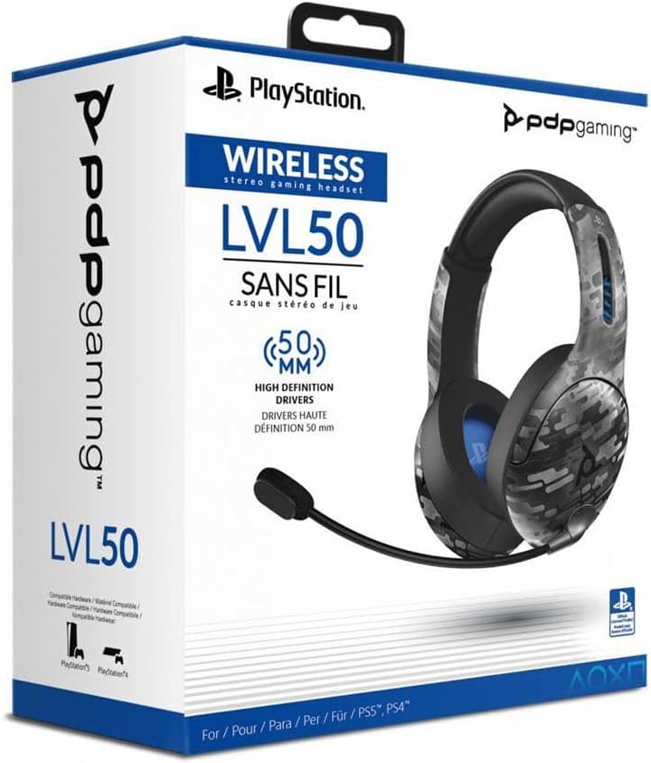 PDP LVL50 Wireless Power Stereo Gaming Headset with Noise Cancelling Microphone: Compatible with PS5/PS4/PS3 Console/PC Windows 10, Comfortable Lightweight Headphones, (Black Camo/Camouflage)
