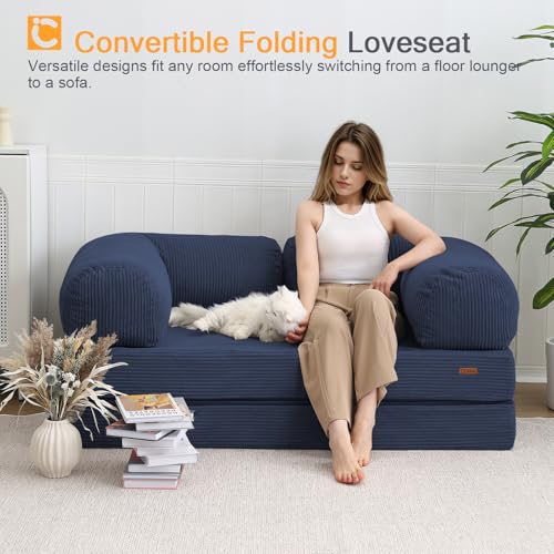 COMAX Futon Sofa Bed, 4-in-1 Floor Foldable Sofa Couch Bed Queen with L-Shaped Armrests, Convertible Folding Chair Bed Sleeper Mattress Fold Out Comfy Lounge for Living Room Bedroom, Dark Navy Blue