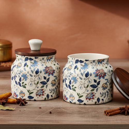 Image of Vistas 'Blue Bloom' Airtight 380ml Set of 2 Ceramic Jar for Kitchen Storage | Handcrafted Ceramic Barni with Wooden Lid | Multipurpose Pickle, Spice & Salt Container