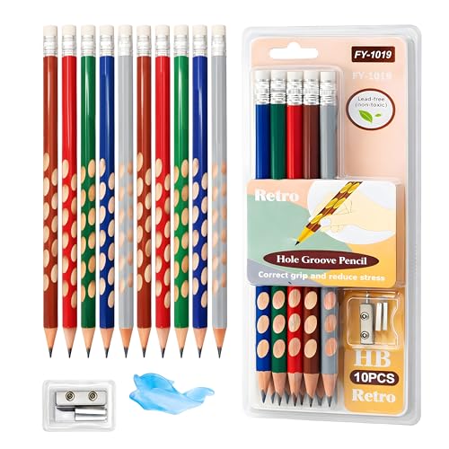Image of Toyshine HB Pencil Set with Erasers on Top | Pack of 10 Round Hole Groove Grip Pencils with Sharpener & Pencil Cap | Comfortable Writing School Stationery for Kids & Students