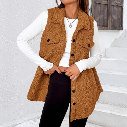 Womens Sleeveless Sherpa Coat Lapel Button Down Fleece Sweater Fuzzy Plush Vest with Pockets Fall Winter3