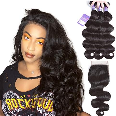 Faddishair Brazilian Virgin Body Wave Hair Bundles with Lace Closure 100% Unprocessed Virgin Human Hair Bundles Weave Natural Black Human Hair (10"12"14"+10"Closure Free Part)