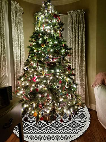 Christmas Tree Skirt 48 Inch Ethnic Black White Boho Geometric With Tassel For Holiday Party Round Plush Xmas Tree Skirt Home Decorations Indoor Outdoor #TOP3