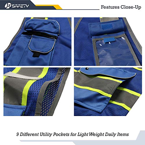 Image of JKSafety 9 Pockets High Visibility Zipper Front MESH Blue Safety Vest | Blue with Dual Tone High Reflective Strips | ANSI /ISEA Standards (100-Blue, M)