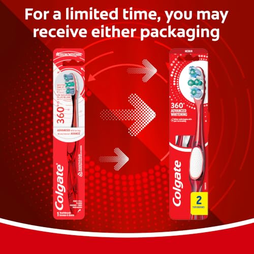 Image of Colgate 360 Advanced Whitening Toothbrush with Medium Bristles, 2 Pack, Adult Manual Toothbrush with Multiheight Bristles, Easy to Open, Recyclable Packaging