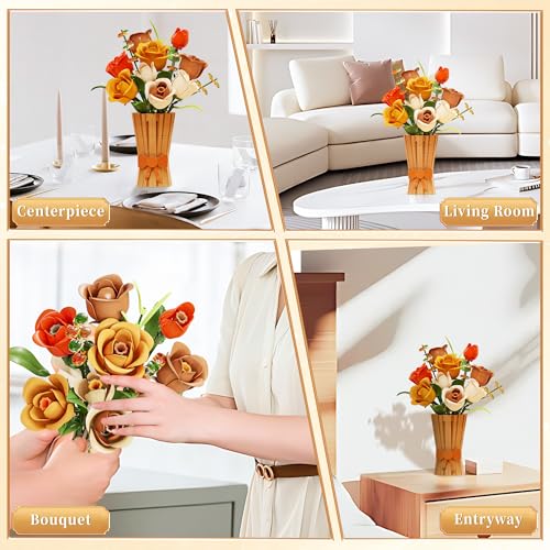 Image of Roses Flowers Set with Vase for Adults, Icon Wildflowers Bouquet Botanical Collection Kits Compatible with Lego Flowers, Artificial Flowers Set for Christmas Valentines Day Gifts Women Girls