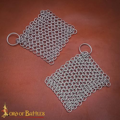 Image of Lord of Battles Stainless Steel 10x10cm Chainmail Scrubber | Medieval Stainless Steel Cleaner for Cast Iron Pre-Seasoned Pans, Griddles, BBQ Grills and Pot Cookware Cleaning (10x10cm - Set of 2)
