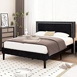 VECELO Queen Size Bed Frame with Adjustable Upholstered Headboard, Wooden Slats Platform, Noise-Free Design, No Box Spring Needed, Easy Assembly