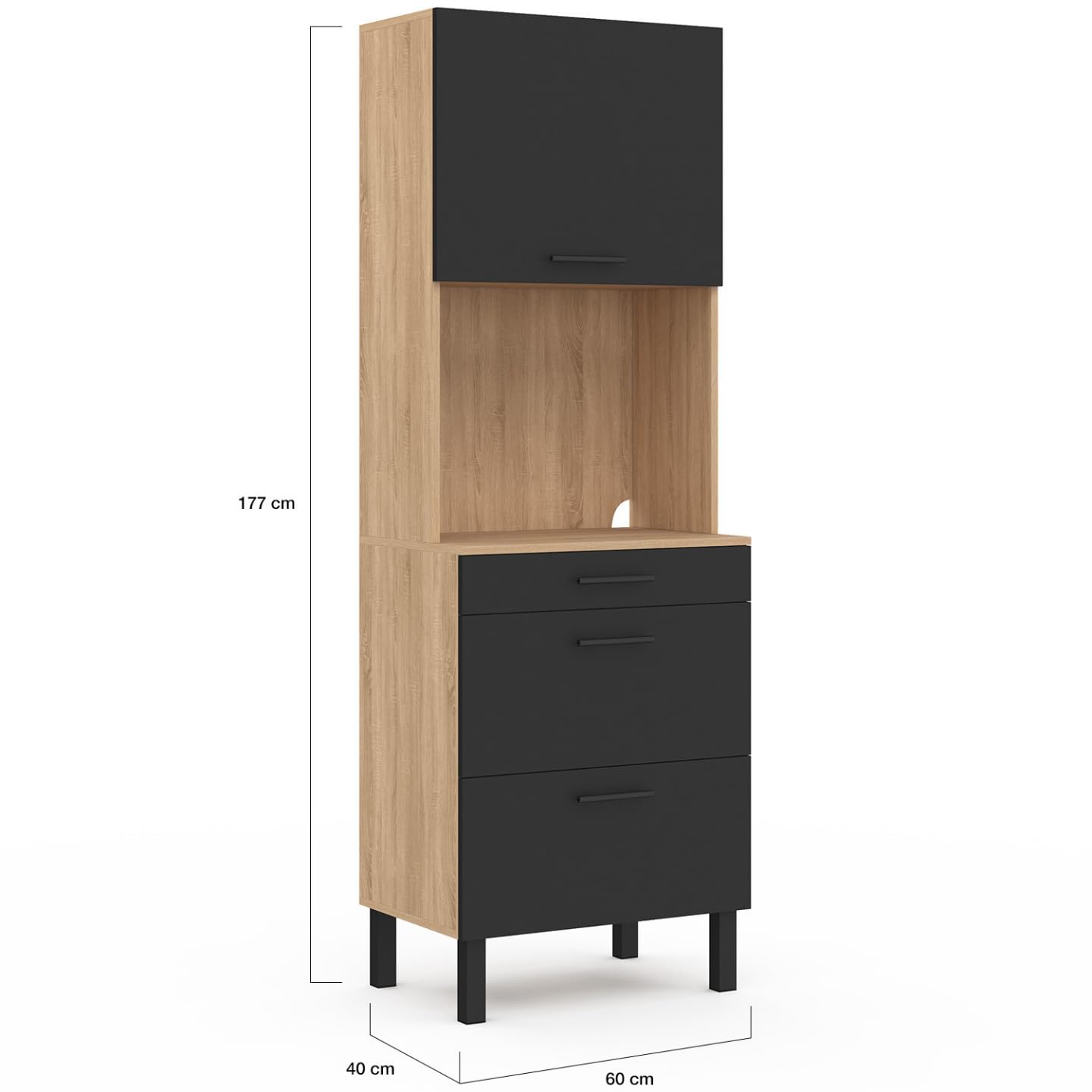 IDMarket - Colonne de Cuisine Micro-Ondes et casserolier 60 cm CINA 2 Portes façon hêtre et Noir