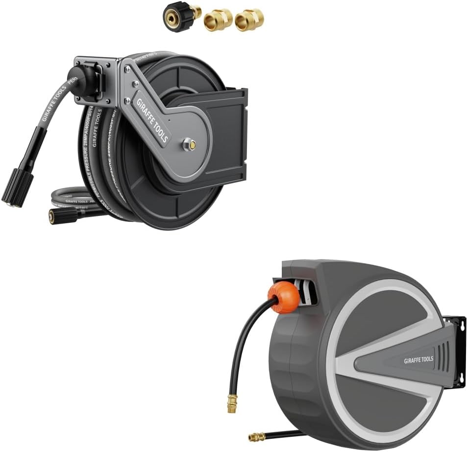 Giraffe Tools Retractable Air Hose Reel, 3/8" x 50 ft, with Swivel Bracket, 217 PSI, for Garage & Workshop and Pressure Washer Hose Reel with 60ft, 4000 PSI
