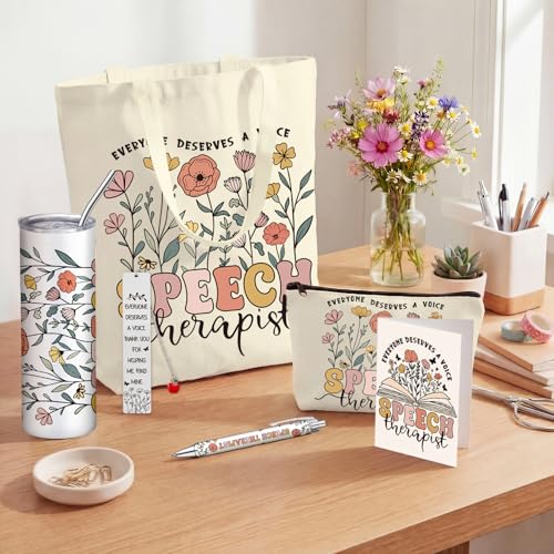 Geiserailie 6 Pcs Speech Therapy Gifts Speech Language Pathologist Appreciation Gifts Set with 20 oz Tumbler Tote Makeup Bag Card Pen for SLP Assistant Therapist Pathologist by Geiserailie - Image 2