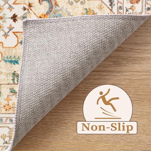 SERISSA Area Rug 3x5 Boho Light Yellow Rugs for Bedroom, Washable Non-Slip Kitchen Rugs, Ultra Soft Print Distressed Entry Rug Low-Pile Throw Rug Carpet for Bedroom Nursery Living Room Dorm Decor