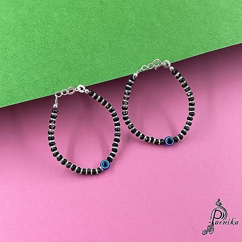 Image of Parnika (Formerly MJ 925 Traditional Silver & Black Crystals Baby Nazariya Kids Silver Bracelet in Pure 92.5 Sterling Silver for Kids - One pair