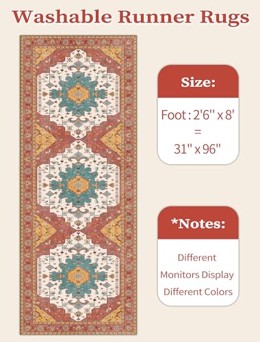 SERISSA Boho Washable Runner Rug, 2'6"x8' Non-Slip Vintage Orange Hallway Kitchen Runner Rug Ultra Soft Print Distressed Floor Carpet for Bedroom Bathroom Laundry Living Room