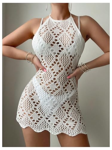 OYOANGLE Women's Crochet Halter Cover Up Dress Hollow Out Backless Sleeveless Bikini Coverups4