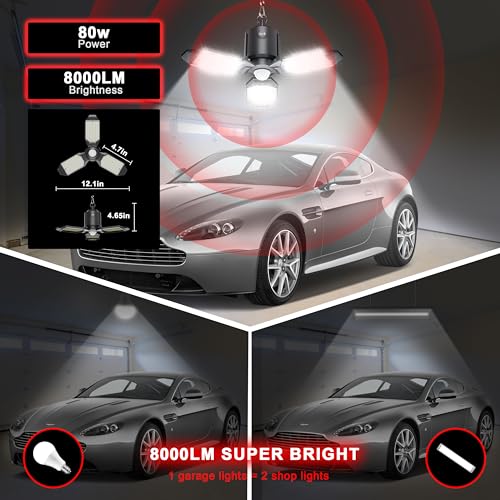 Image of Plug in Led Garage Light Motion Sensor 80W 8000LM 1Pack | Motion Sensor Lights Indoor, Motion Activated, Dusk to Dawn, 3 Deformable Hanging Shop Bulb for Basement, Warehouse, Barn