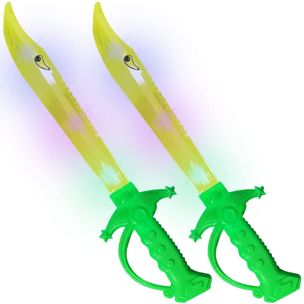 Light Up Shark Sword for Kids - Set of 2, 15 Inch Dress-Up Toy Sword with Flashing LED Lights - Best Birthday Gift for Boys and Girls Ages 3, 4, 5, 6, 7, 8 (Green)
