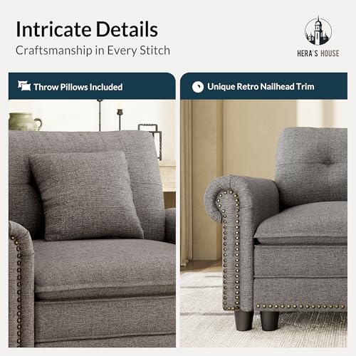 Image of HERA'S HOUSE Modular Sectional Sofa Set for Living Room 2-Piece Deep Seats | Mid-Century Modern 5-Seater Cloud Sofa Set, Dark Grey, Rolled Arms & Nailhead Trim, Wider Seats, Soft Linen Furniture Set