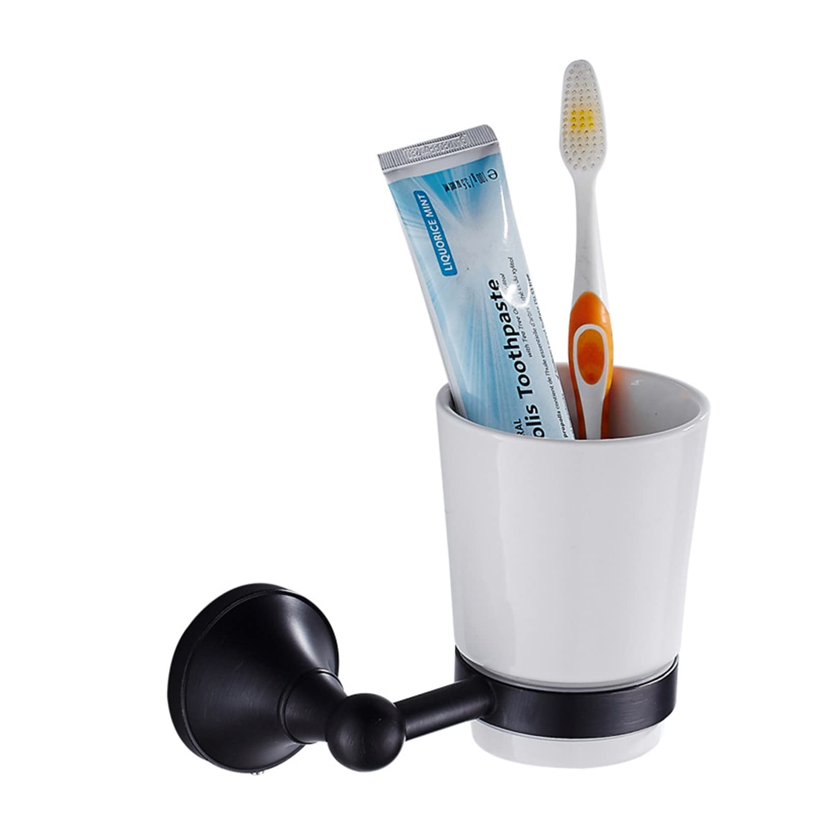Porta Spazzolino Nero, Porta Spazzolino da Bagno A Parete, Porta Spazzolino in Ottone con Tazza in Ceramica per Bagno