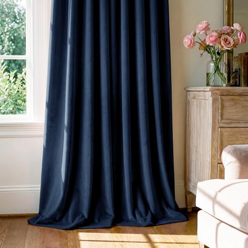 Image of Navy Blue Velvet Extra Curtains for Living Room, W52xL120, 2 Panels | 300GSM Soft Velvet, Thermal Insulated, Back Tab Curtain Panels Elegant Decor, Window Drapes for Dining Room, Kitchen, Office