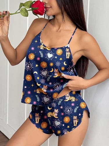 Image of Ekouaer Silk Pajamas Set for Women Satin Backless Lingerie Pjs Cami Top and Shorts Nightwear