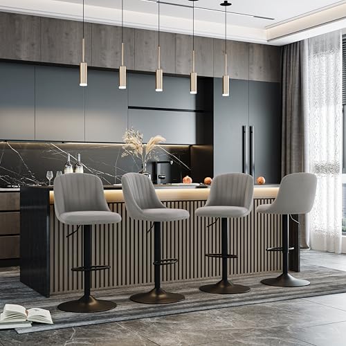 Goeurvant 360°Drehbar Barhocker 2er Set Höhenverstellbar mit Lehne & Fußstütze,Barstühle Samt mit Metallgestell für Bar,Küche,Theke,Esszimmer,Wohnzimmer & Essbereich,Hellgrau