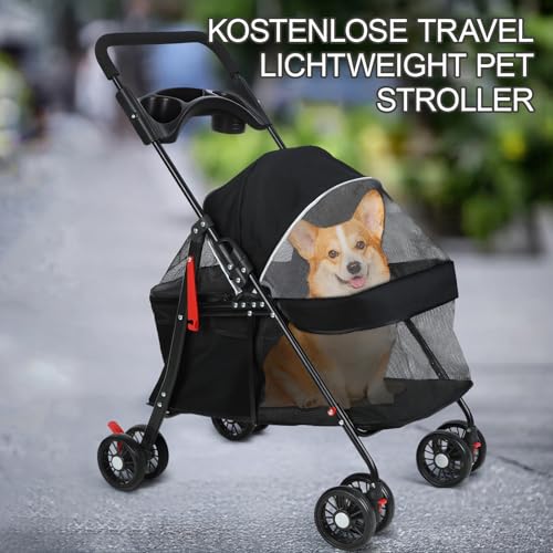 2-in-1 Hundebuggy bis 15 kg – Hundewagen & Katzenwagen klappbar mit Feststellbremse, Getränkehalter & Stauraum, Faltbarer Hunde Buggy für Reisen & Spaziergänge, 49.5×69.5×98 cm