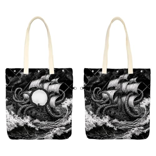 Pet Canvas Shoulder Bag Soft-Sided,Dog Purse Carrier for Small Dogs and Cats, Portable Pet Handbag with Adjustable Hole, Pet Washable Travel Tote Bag,Black Sailboat Octopus Tentacles 19.3''x16.5''