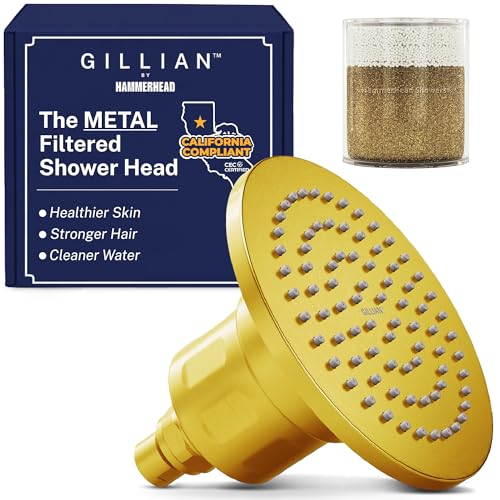 Image of Gillian Filtered Shower Head for Hard Water - High Pressure Metal Showerhead Filter For Hair and Skin with Genuine KDF-55 - Removes Toxic Chemicals, Chlorine and Heavy Metals, Brushed Gold