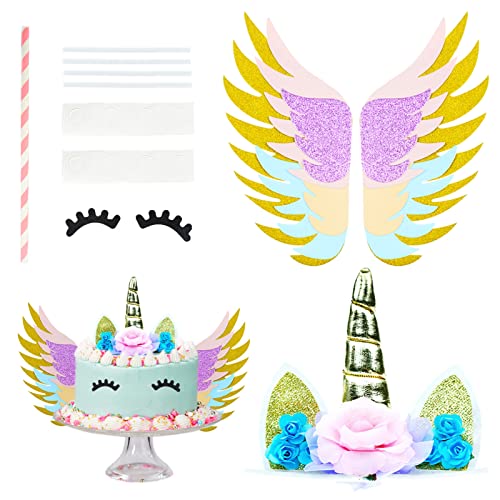 Décorations de Gâteaux Licorne avec Ailes Scintillantes, Licorne Cake Topper Set Réutilisable Licorne Klaxon Oreilles et Cils Set pour Anniversaire Mariage Fête Prénatale Cover