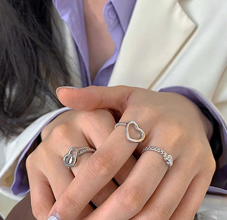 2 pcs Heart Trapped Statement Adjustable Rings Set for Women Expandable Love Hearted Wedding Promise Open Band Finger Rings Comfort Fit Delicate Engagement Anniversary Jewelry