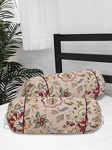 Image of Clasiko Cotton Bolster Covers; Set of 2; 220 TC; Multi Flowers On Beige Base; 30x15 Inches