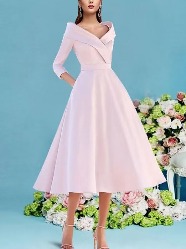 Women's Elegant A Line Satin Mother of The Bride Dress V Neck 3/4 Sleeve Wedding Guest Dresses with Pleat2