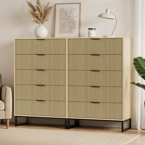 Image of Tall 5 Drawers Dresser Set of 2 for Bedroom, Natural Wood Dresser with Metal Handle, 49.2'' Chest of Drawers Modern Drawer Organizer with Large Drawers for Living Room, Cloest, Hallway