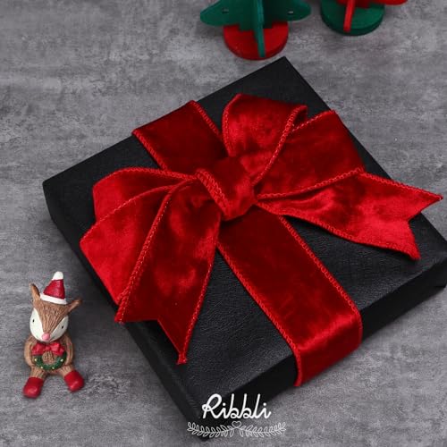 Image of Ribbli Red Velvet Wired Ribbon 1.5 Inch Metallic Red Crushed Velvet Christmas Ribbon for Gift Wrapping Christmas Tree Decoration Crafts Wreaths Supplies-Continuous 10 Yards