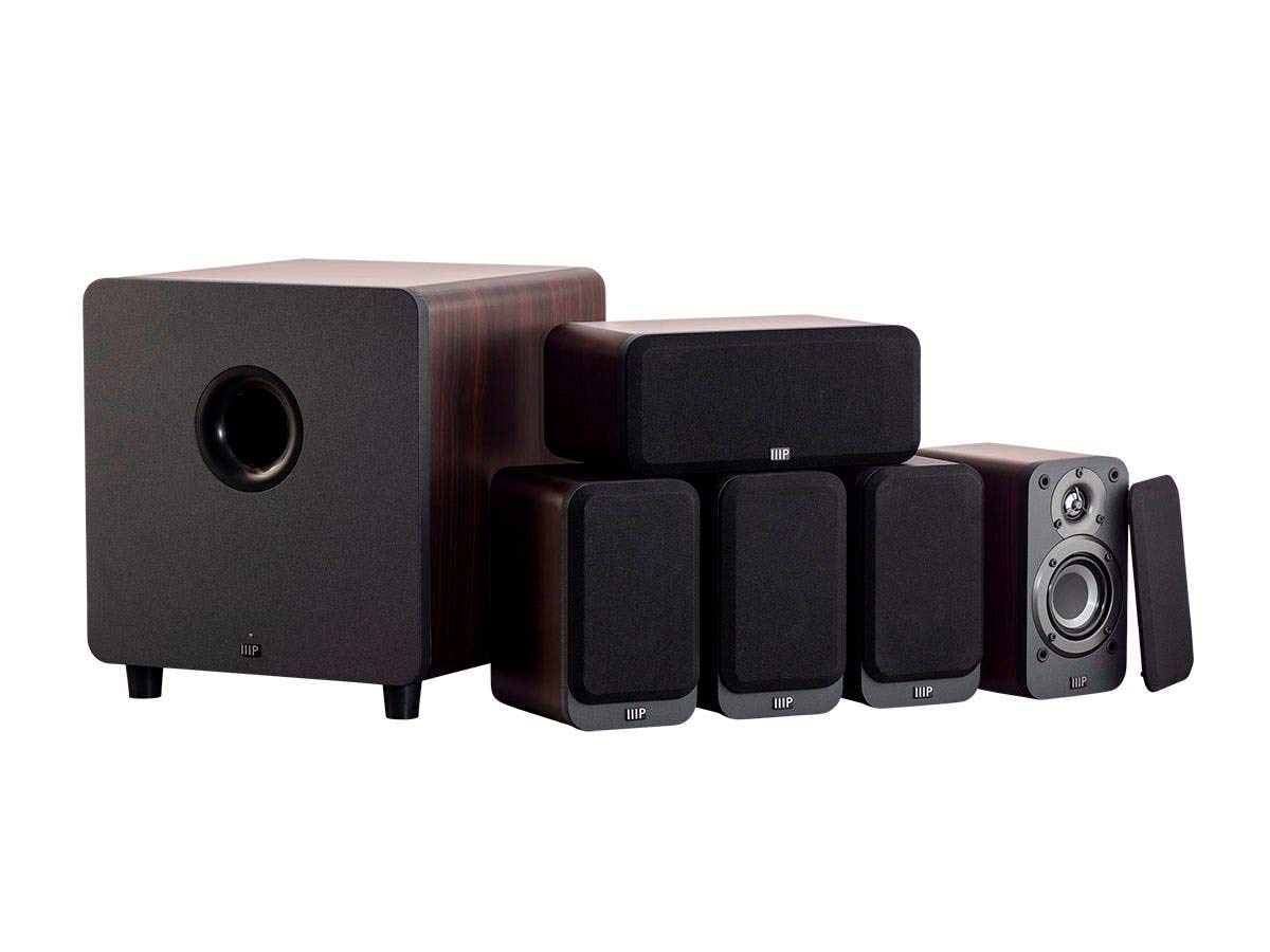 Monoprice HT-35 Premium 5.1-Channel Home Theater System - Espresso, with Powered Subwoofer, Low Profile Speaker Grilles, Secure Mounting Option, SaddleBrown (139358)