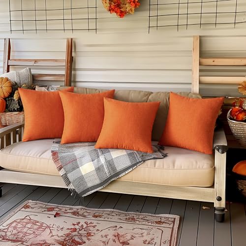 MIULEE Pack of 4 Decorative Outdoor Throw Pillow Covers Linen Waterproof Pillow Covers Farmhouse Cushion Cases for Patio Garden Tent Balcony Couch Sofa 18x18 inch Orange