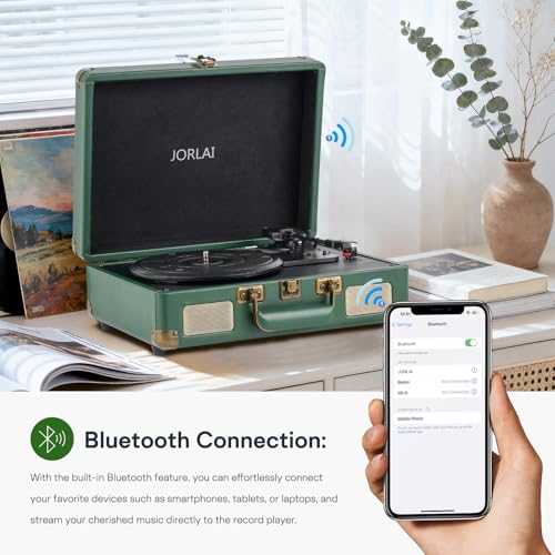 Image of Record Player Portable with Bluetooth Connection USB Playback and Built in Rechargeable Battery 3 Speed Turntable Suitcase Design Vinyl Player with Built in Speakers for Home or Travel