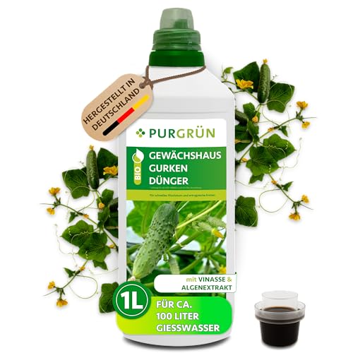 Purgrün Bio-Gewächshausgurken-Dünger 1 Liter Hoher Ertrag dank extra Phosphor Bio & Vegan Premium-Flüssigdünger Ohne tierische Inhaltsstoffe Ergiebiges Konzentrat für 100 Liter Wasser