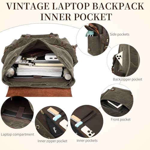 Mochila de Cuero y Lona Vintage Wogarl Verde para Laptop 17" miniatura 6